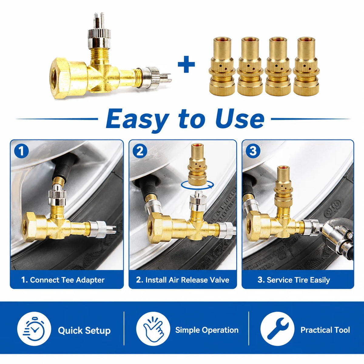TPMS Valve Tee Adapter 3-Way Kit + 4 Air Release Valves Tire Valve Adapter Kit QXL