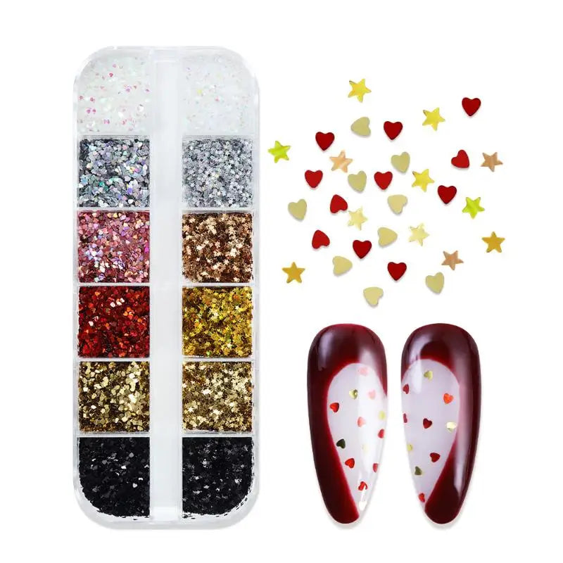 1mm Star & Heart Nail Glitter Set | 12 Laser Designs DIY Nail Glitter Set QXL