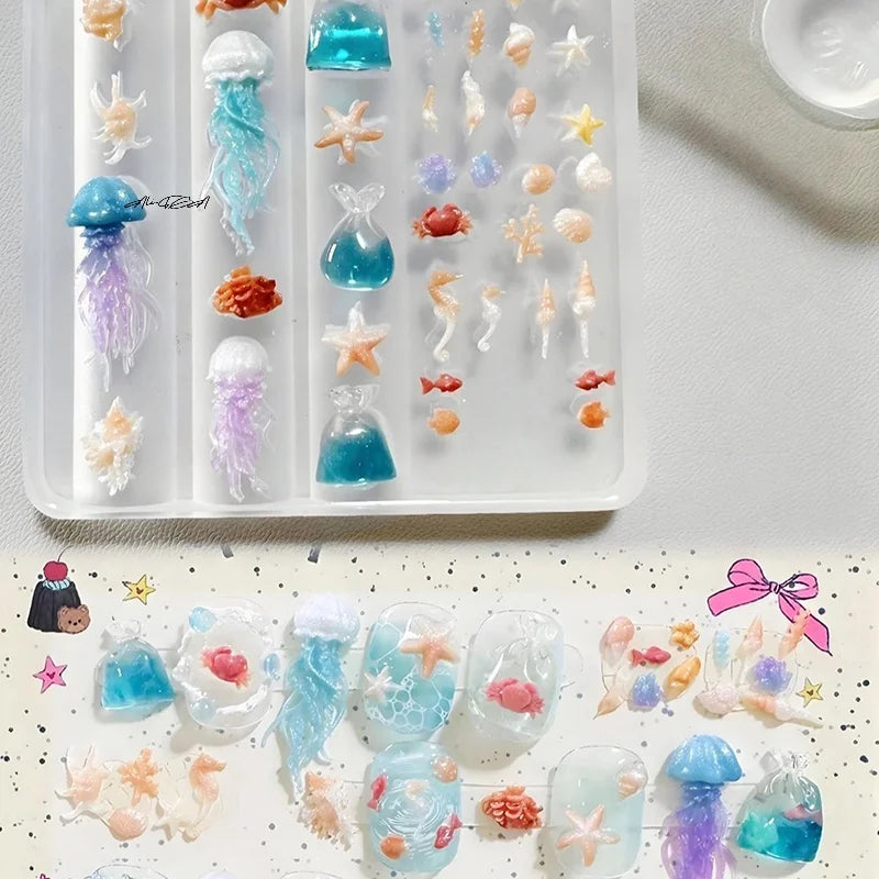 3D Silicone Ocean Nail Art Mold – Jellyfish & Fishtail 2-Pc Set Silicone Nail Mold QXL