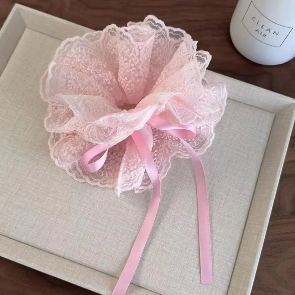 Lace Scrunchie Multi-Layer Elastic Ponytail Hair Band for Girls Lace Hair Scrunchie QXL Pink