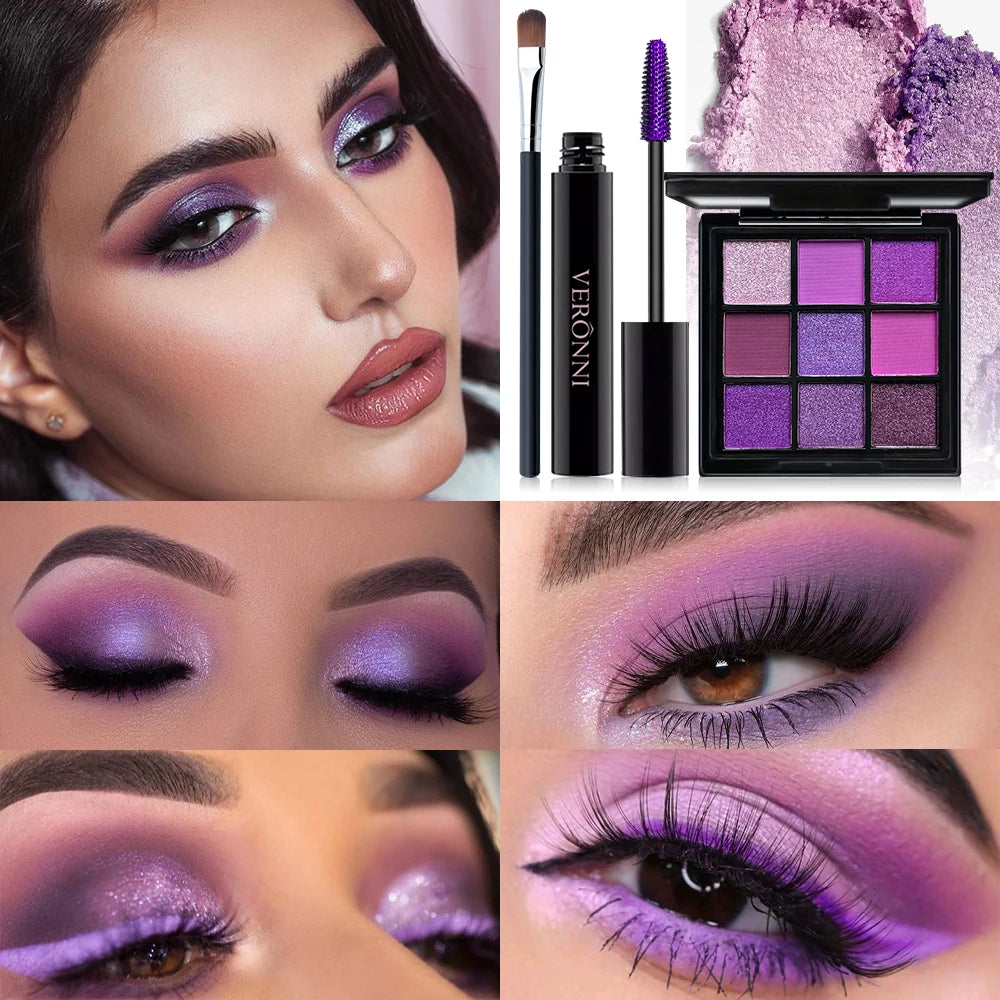 9-Shade Purple Eyeshadow Palette, Mascara & Brush Set Eye Makeup Set QXL