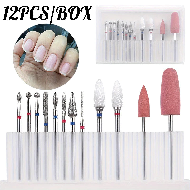 12-Pc Nail Drill Bit Set – Diamond, Ceramic & Silicone Nail Drill Bit Set QXL