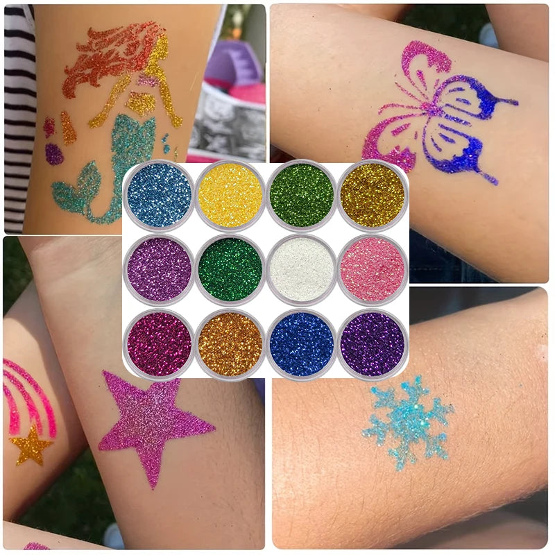 12-Color DIY Glitter Tattoo Kit | Stencils, Glue & Brushes Glitter Tattoo Kit QXL