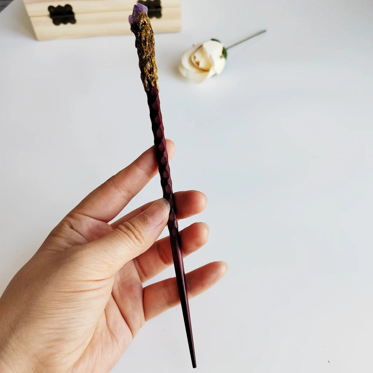 Sandalwood & Amethyst Magic Wand Hair Pin | Wooden Hairpin Crystal Hair Pin QXL