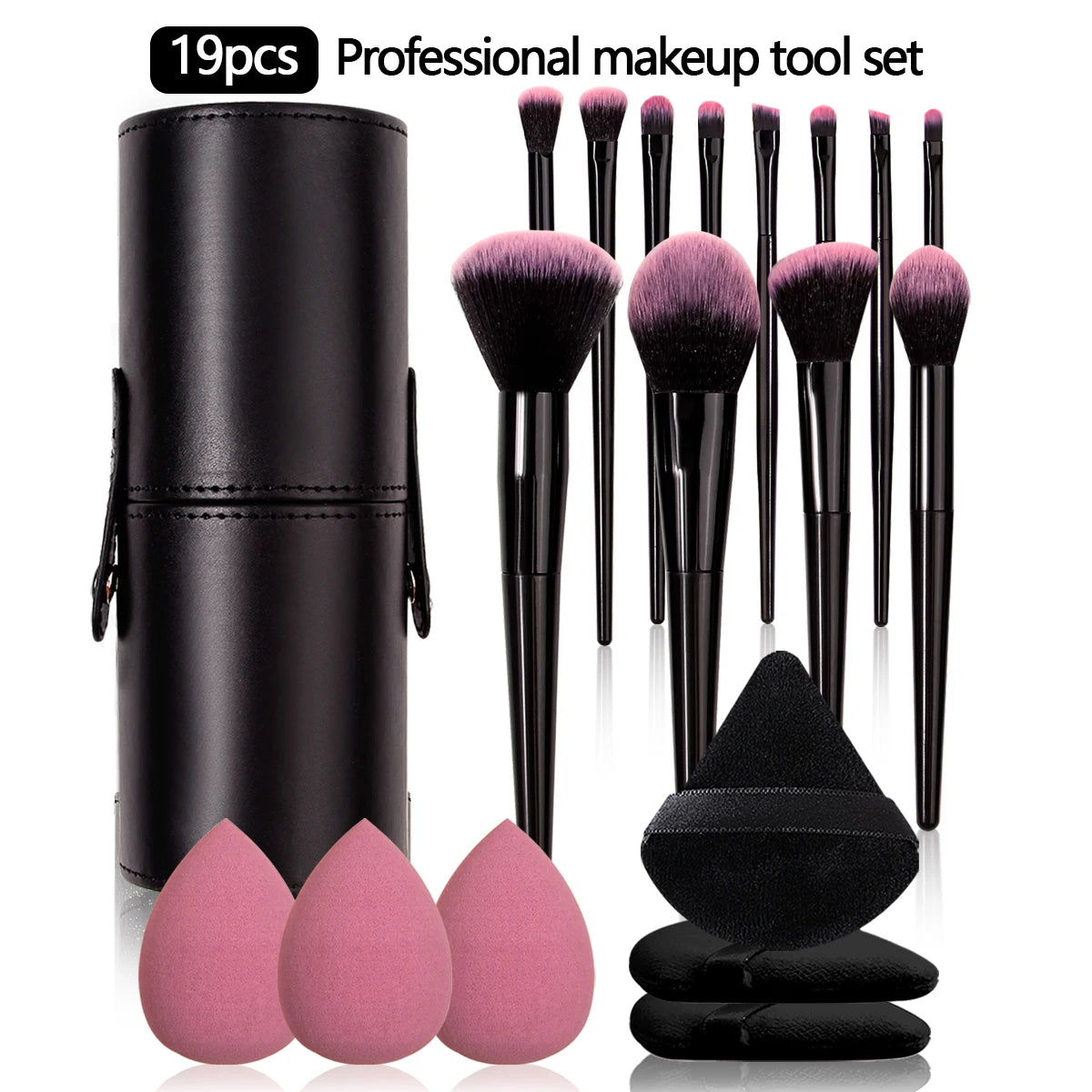 19-Pc Makeup Brush Set with Sponges, Puffs & Holder Makeup Brush Set QXL
