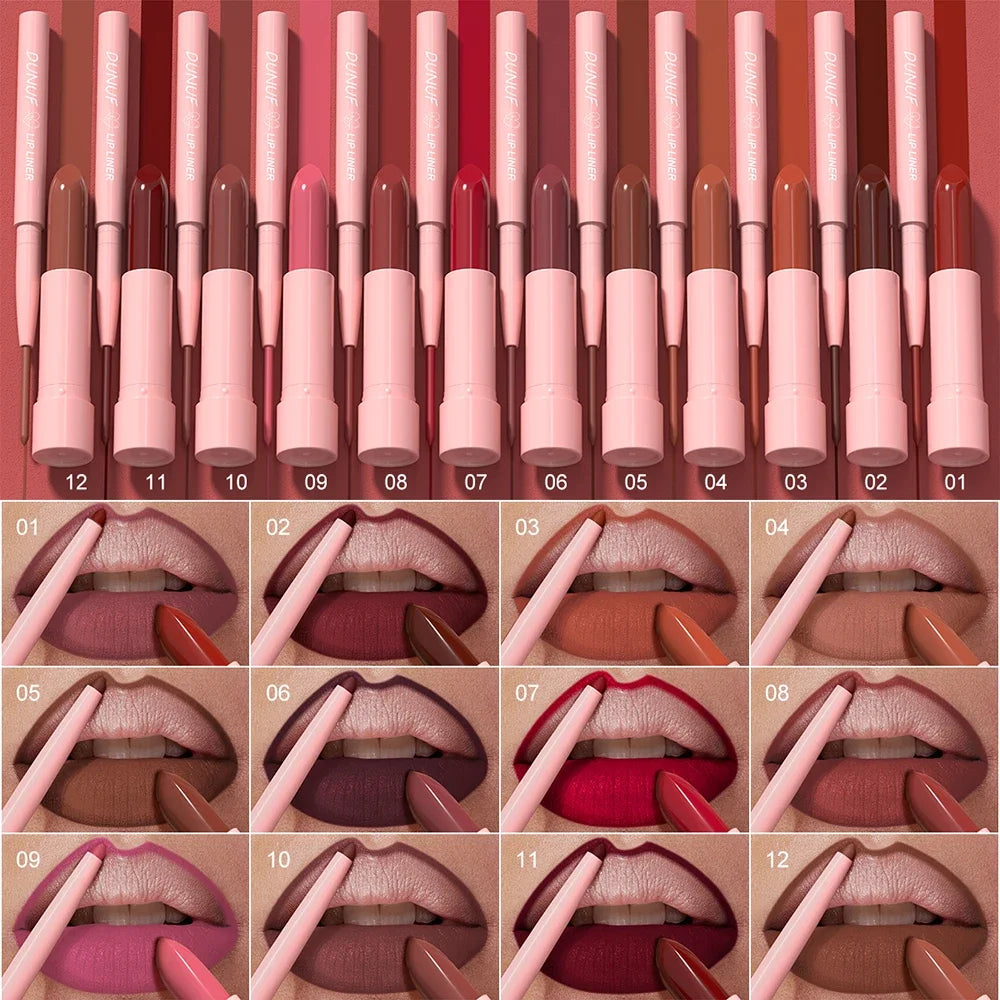 DUNUF Matte Lip Liner & Lipstick Set | 12 Colors Long-Lasting Lip Liner & Lipstick Set QXL