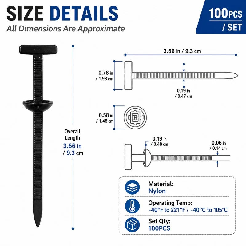 100-Pack Push Mount Cable Ties | Nylon Wire Harness Clips Automotive Cable Fasteners QXL