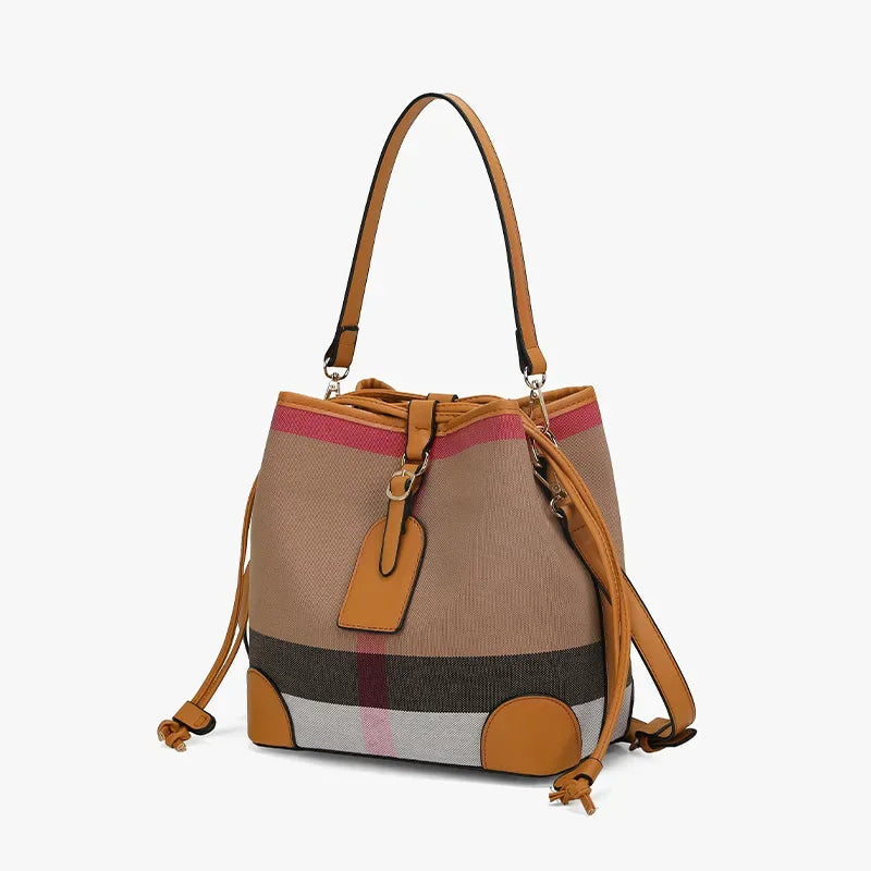 Canvas Plaid Drawstring Bucket Bag | Women's Handbag Canvas Bucket Bag QXL