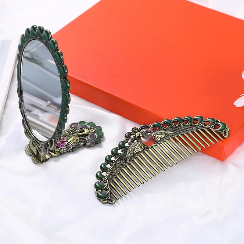 Peacock Folding Hand Mirror & Comb Set | Retro Metal Gift Box Folding Vanity Mirror Set QXL