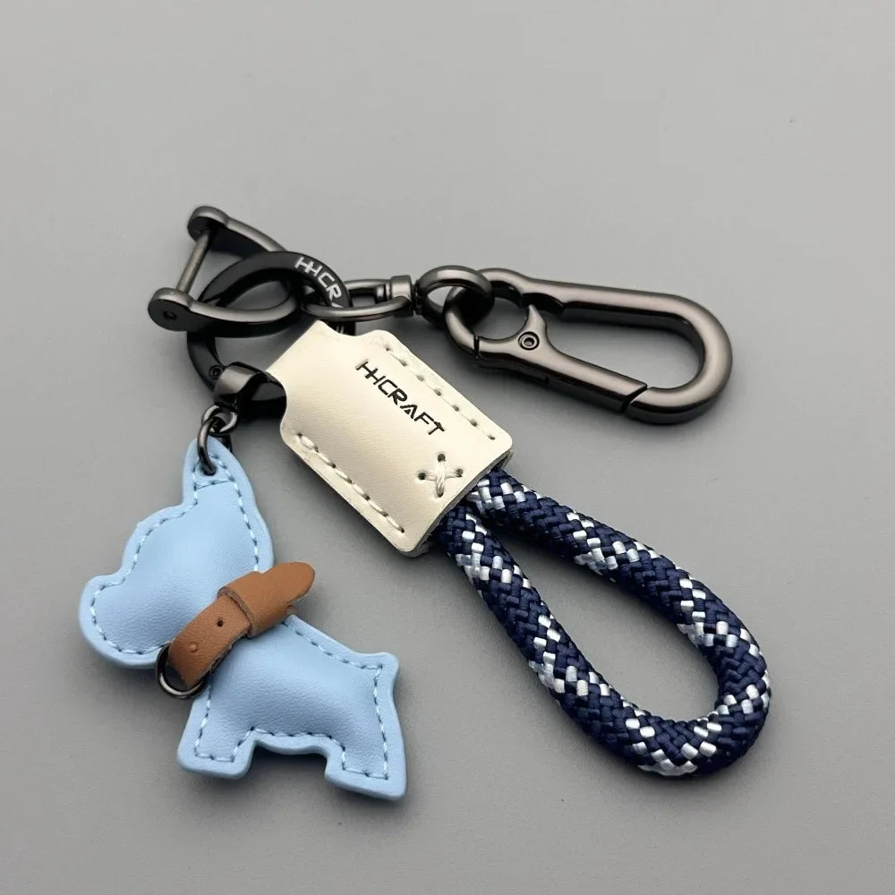 French Bulldog Genuine Leather Keychain with Braided Rope Novelty Keychain QXL