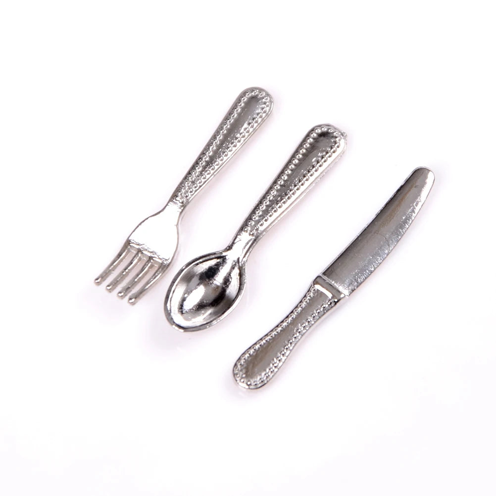 12-Pc Miniature Dollhouse Cutlery Set | Metal Fork & Spoon Dollhouse Accessories QXL