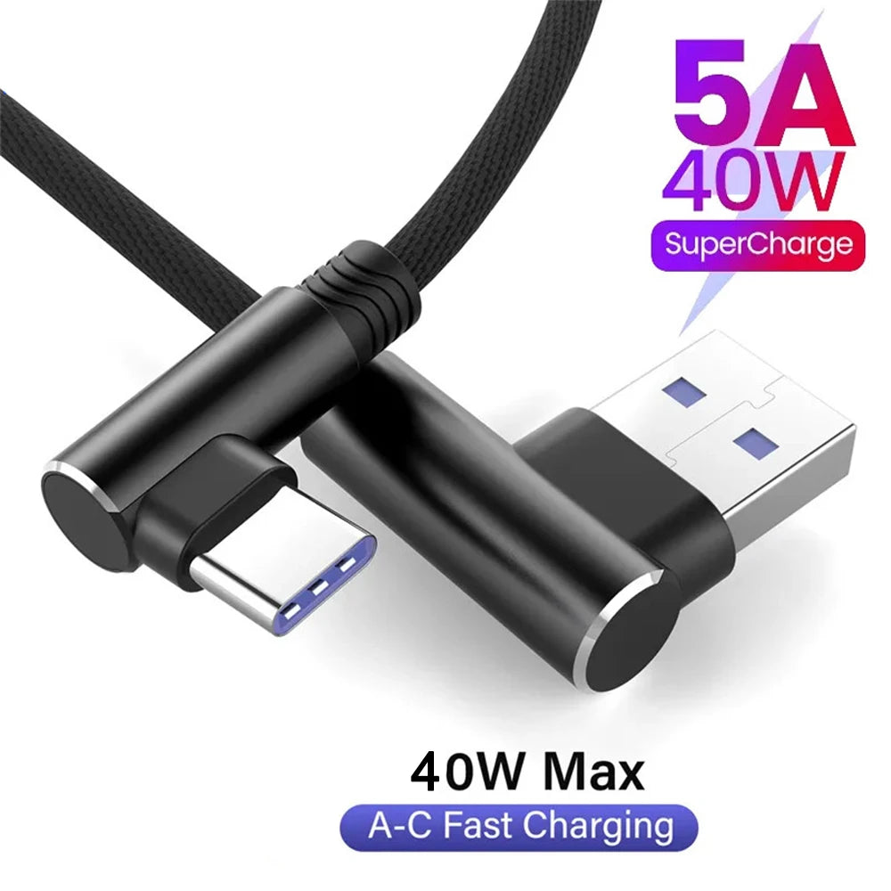 40W USB-A to USB-C 90° Elbow Braided Fast Charge Cable 1M USB-C Charging Cable QXL