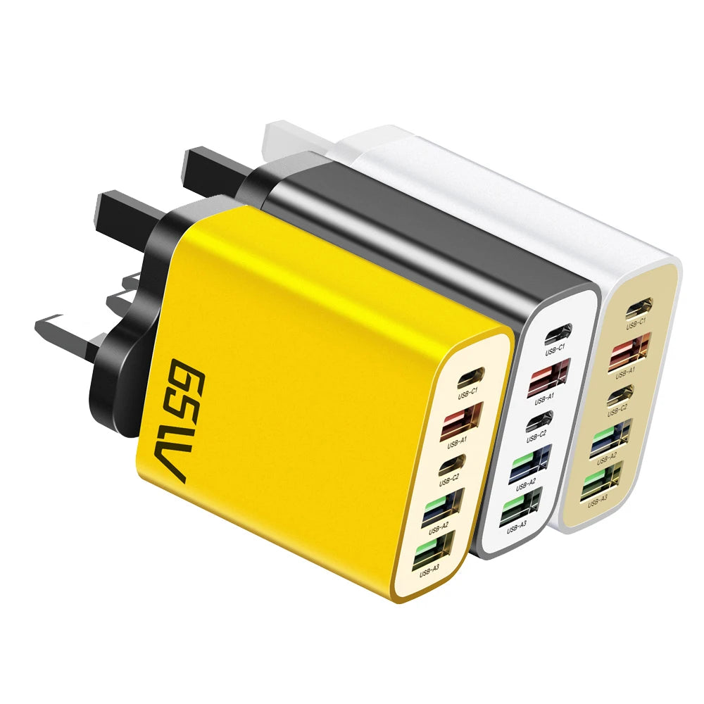 65W 5-Port USB-C PD Fast Wall Charger – iPhone & Samsung USB Wall Charger QXL UK Plug Black