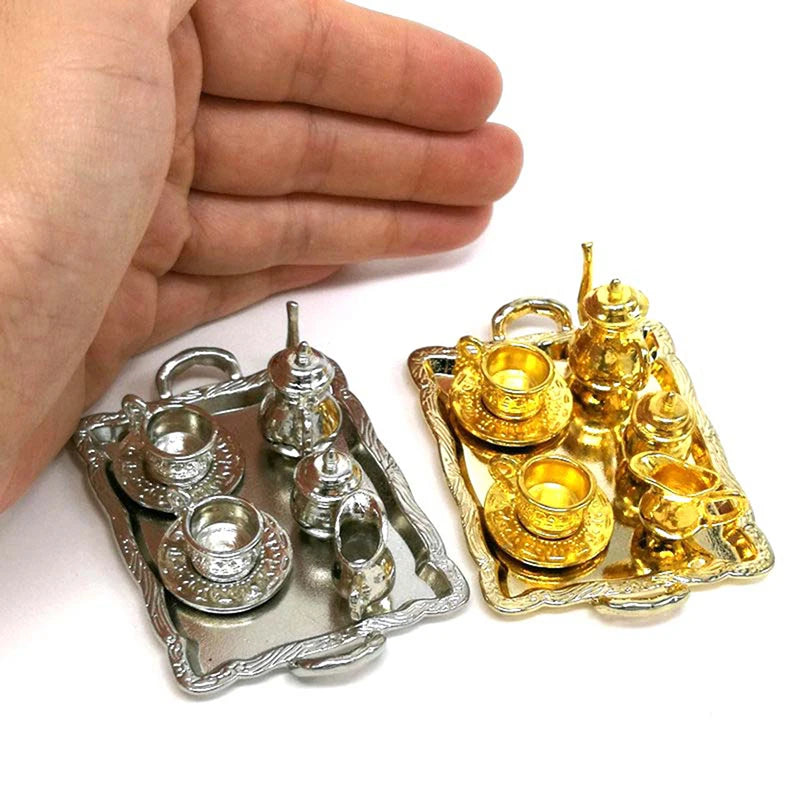 10-Pc 1:12 Dollhouse Miniature Metal Tea Cup & Plate Set Dollhouse Miniature Set QXL