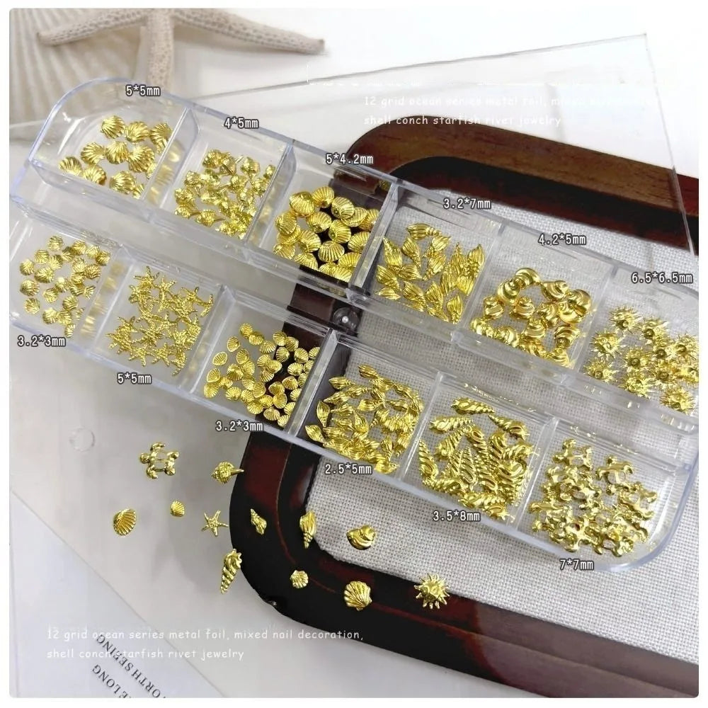 3D Ocean Nail Charms – Seashell, Starfish & Rhinestones Nail Art Charms QXL Gold