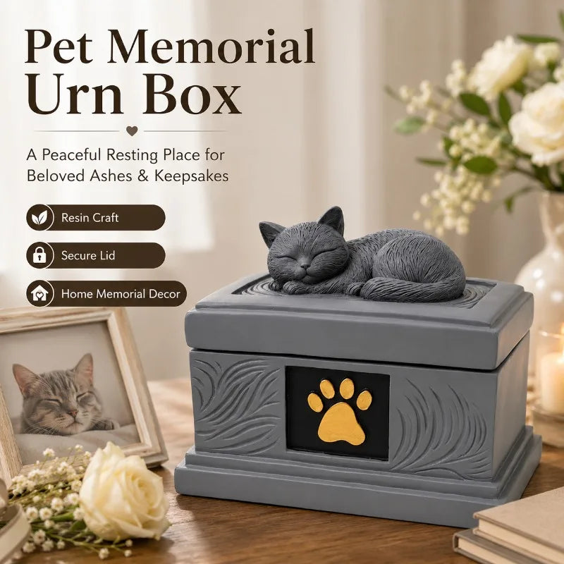Resin Pet Memorial Urn Box | Sleeping Cat Lid & Gold Paw Pet Memorial Urn QXL