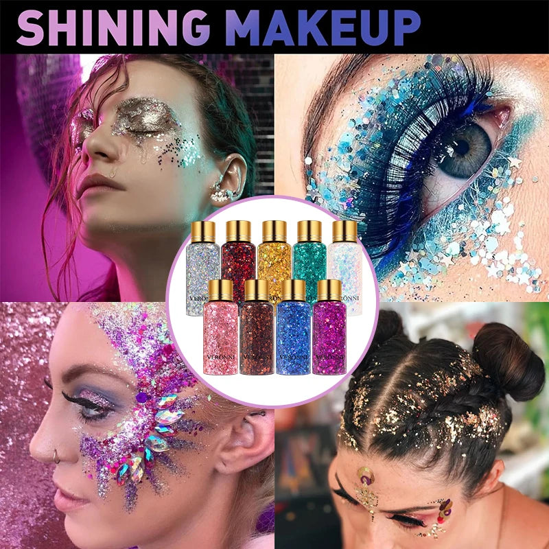9-Color Chunky Glitter Eyeshadow | Festival Body Shimmer Glitter Eyeshadow QXL