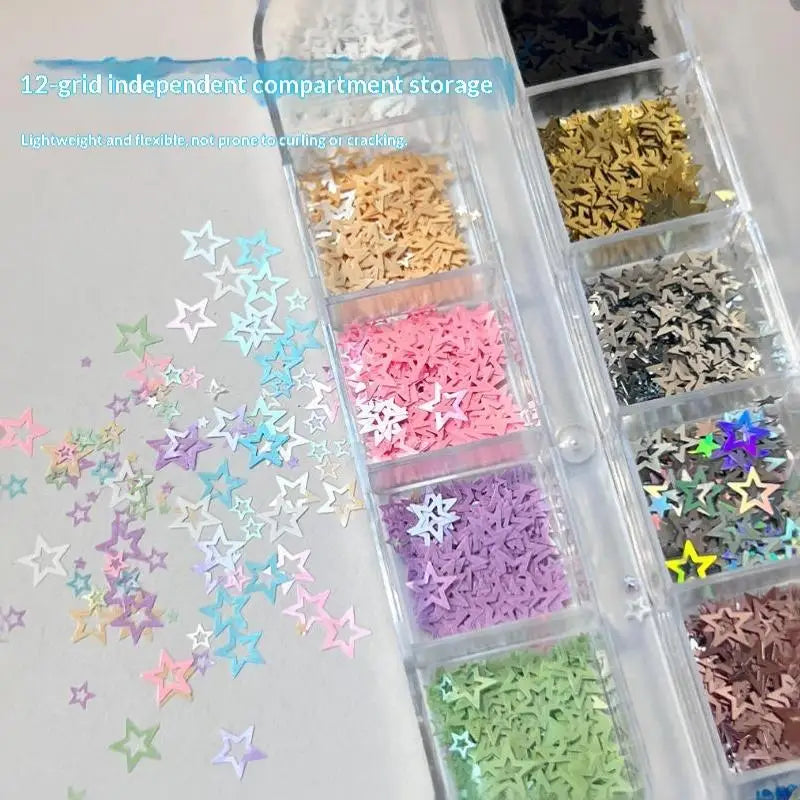 12-Grid Hollow Star Nail Glitter Sequins | DIY Nail Art Set Nail Art Sequins QXL