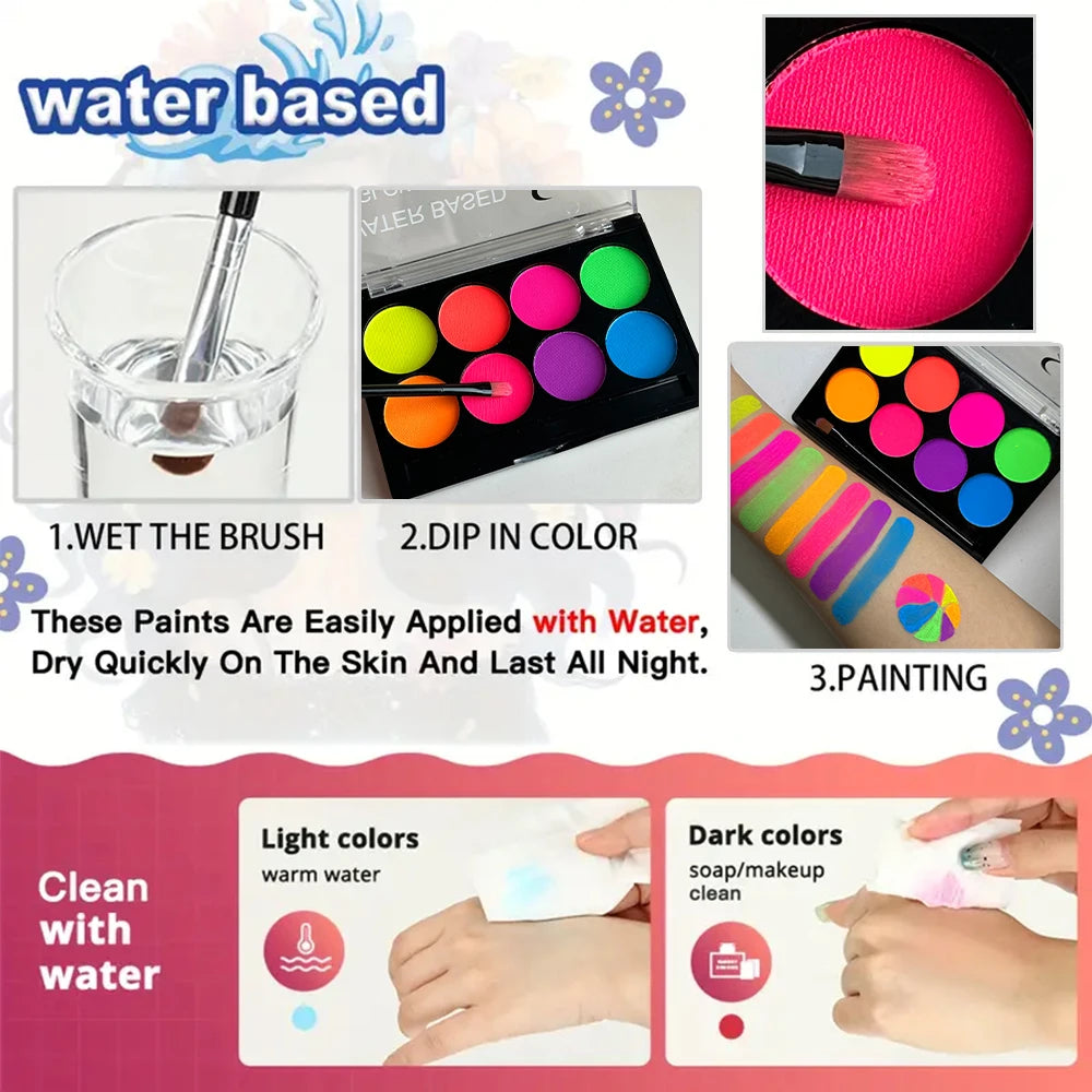 VERONNI 8-Color UV Glow Neon Face & Body Paint Palette UV Face Body Paint QXL