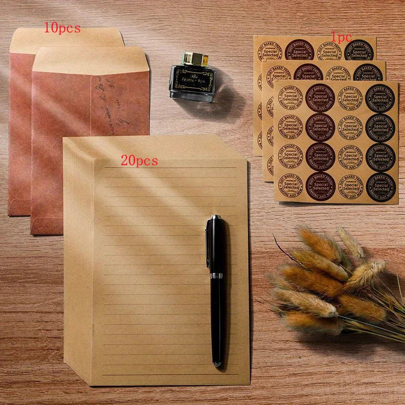 Vintage Kraft Paper Envelopes & Letter Paper Set – 10+20 Pcs Stationery Set QXL