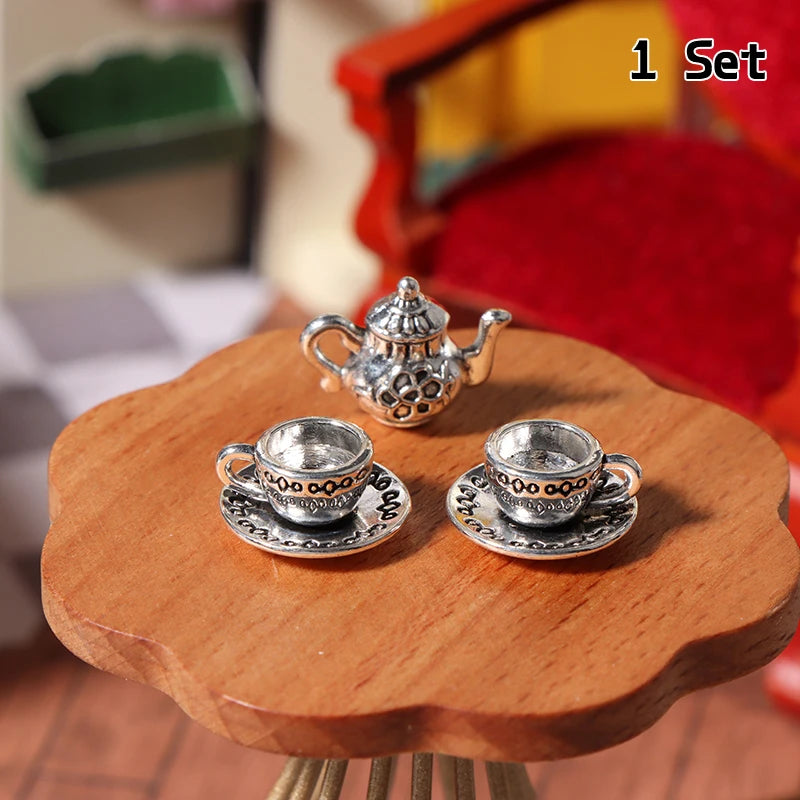 1:12 Dollhouse Miniature Metal Tea Set – Teapot Cup & Saucer Dollhouse Miniature Set QXL Silver