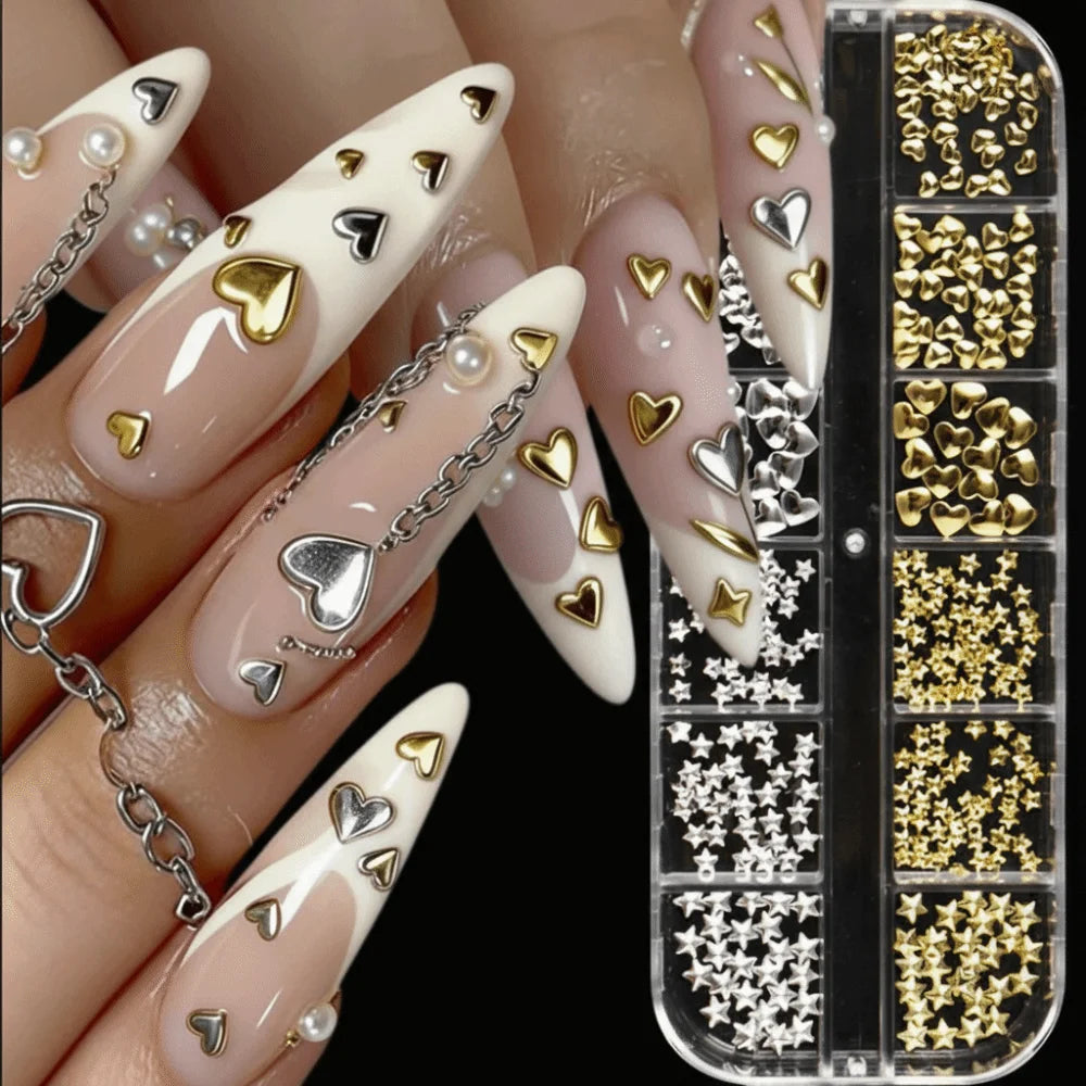 12-Grid 3D Metal Nail Charms | Gold Silver Heart & Star Set Nail Art Charms QXL Default Title