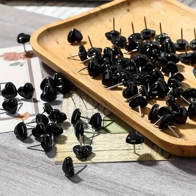 50-Pack Heart-Shaped Push Pins – Black Steel Decorative Thumbtacks Decorative Push Pins QXL