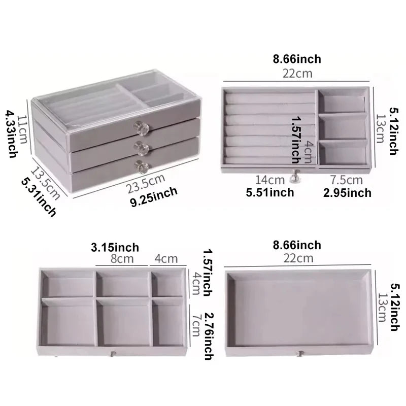3-Tier Stackable Drawer Jewelry Box | Velvet Organizer Case Jewelry Storage Box QXL