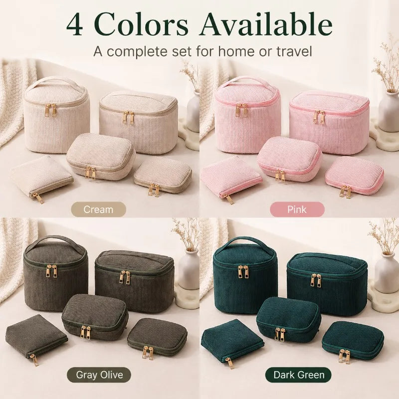 4-Piece Corduroy Cosmetic Bag Set | Travel Makeup Organizer Cosmetic Bag Set QXL