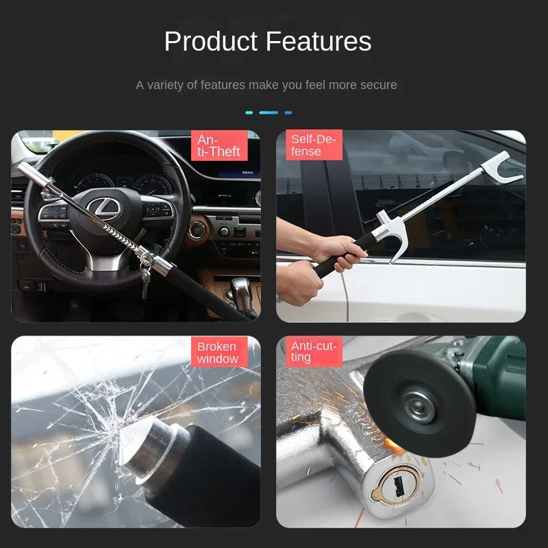Universal Retractable Steering Wheel Lock | Double Hook Anti-Theft Steering Wheel Lock QXL
