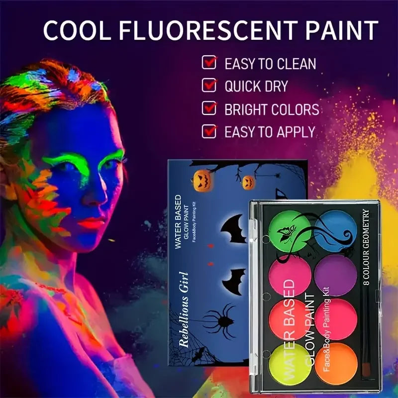 8-Color Neon Face & Body Paint Kit | UV Glow Cosplay Set Face & Body Paint QXL
