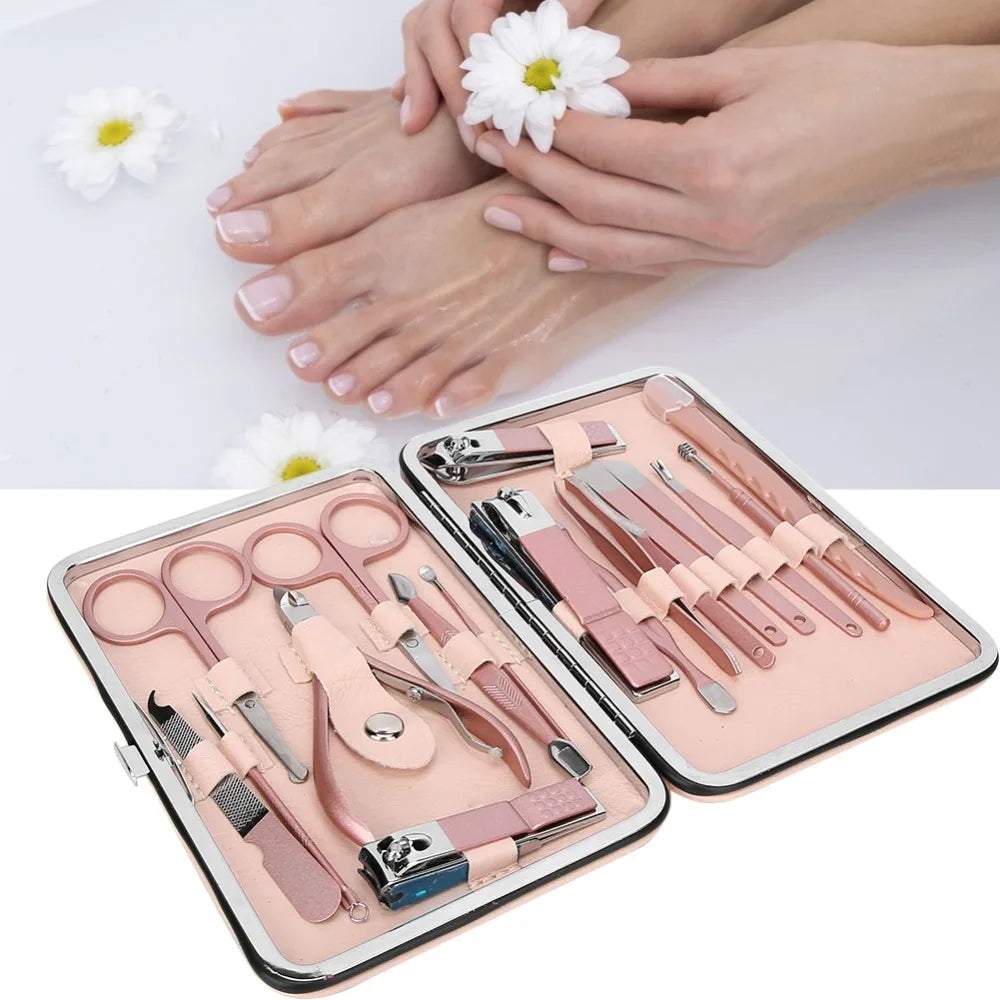 18-Pc Rose Gold Stainless Steel Nail Clipper Set & PU Case Nail Care Kit QXL