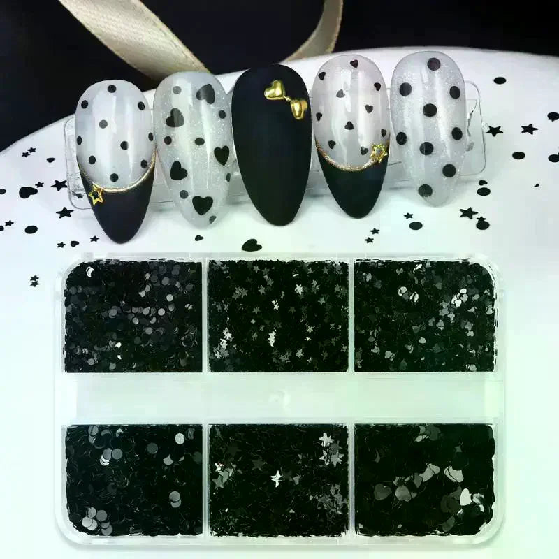 6-Grid Black Nail Art Glitter Sequins – Star Heart Circle Nail Art Sequins QXL