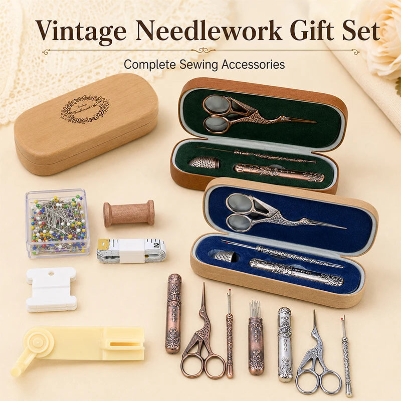 Vintage Sewing Tool Set with Wooden Box | DIY Embroidery Gift Sewing Tool Set QXL