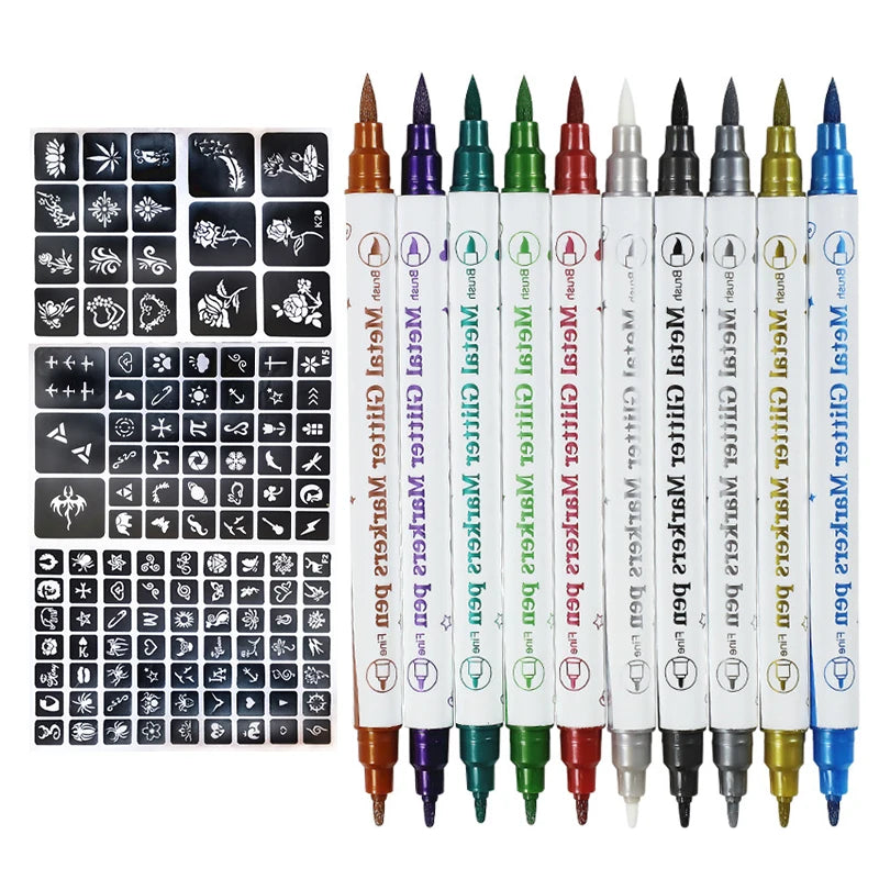 10-Color Dual-Ended Temporary Tattoo Pen Set | Body & Face Art Temporary Tattoo Pen QXL 10 Pens 3 Templates