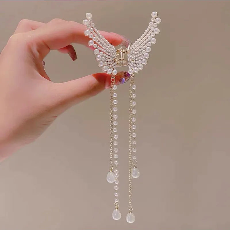 Butterfly Pearl Diamond Hair Claw Clip | Angel Wing Tassel Hair Claw Clip QXL Pearl Styles
