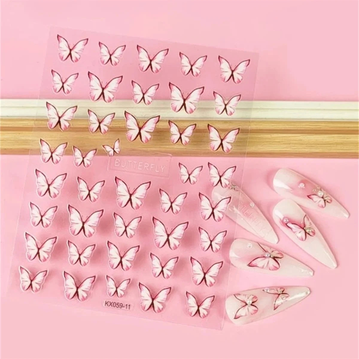 5D Butterfly Nail Art Stickers | Pink Gradient Kawaii Decals Nail Art Stickers QXL