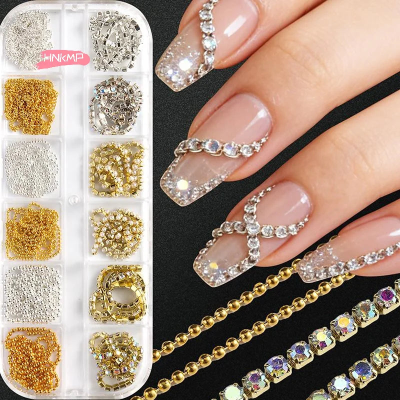 Metal Chain Nail Art Charms Set | Gold Silver Rose Gold DIY Nail Art Charms QXL