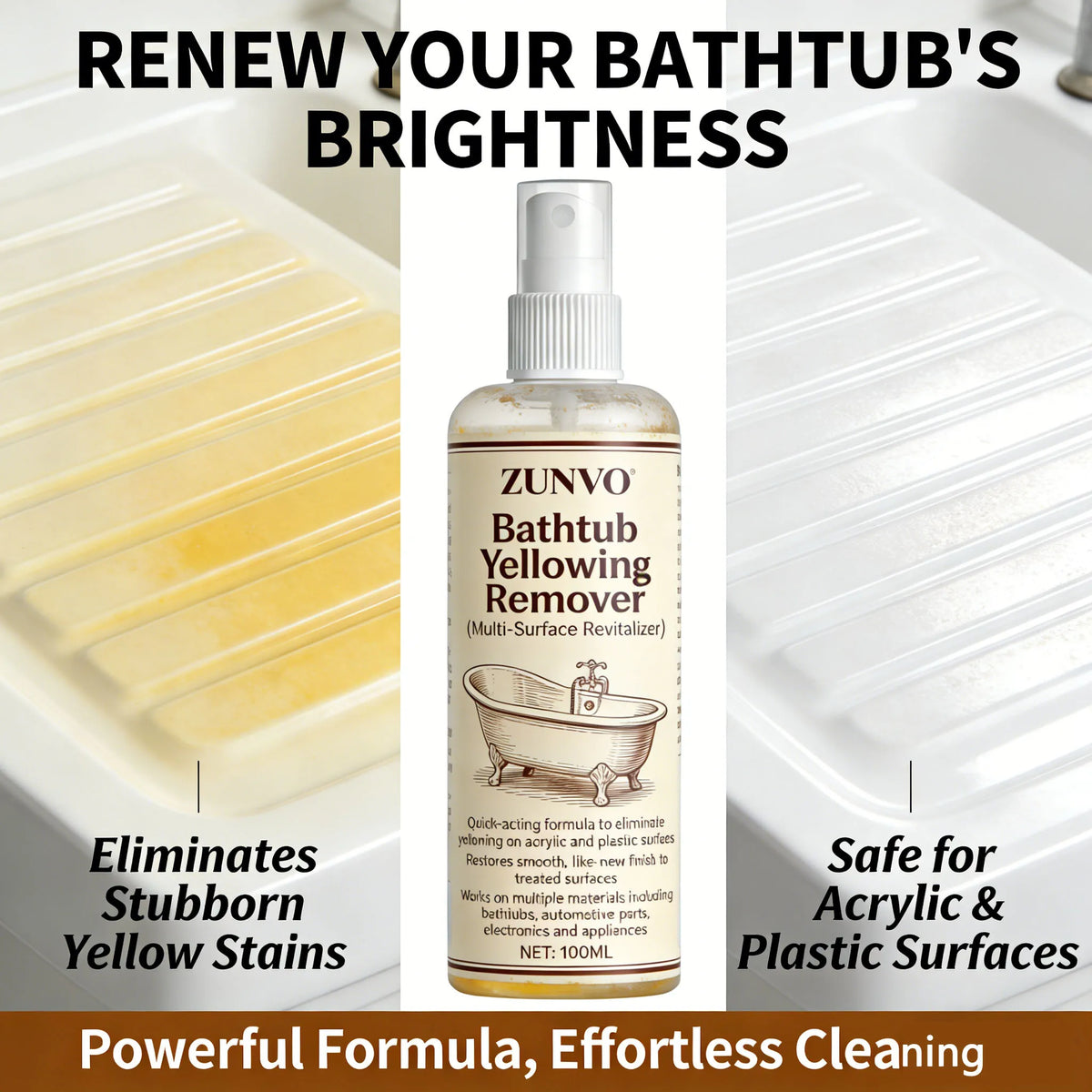 Bathtub Yellowing Remover Spray | Acrylic & Plastic Cleaner Bathroom Cleaning Spray QXL