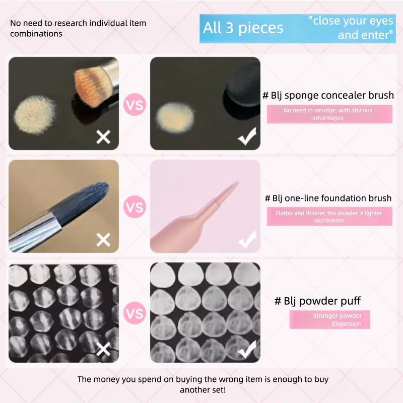 3-Piece Sponge Concealer Stick, Foundation Brush & Puff Set Makeup Applicator Set QXL