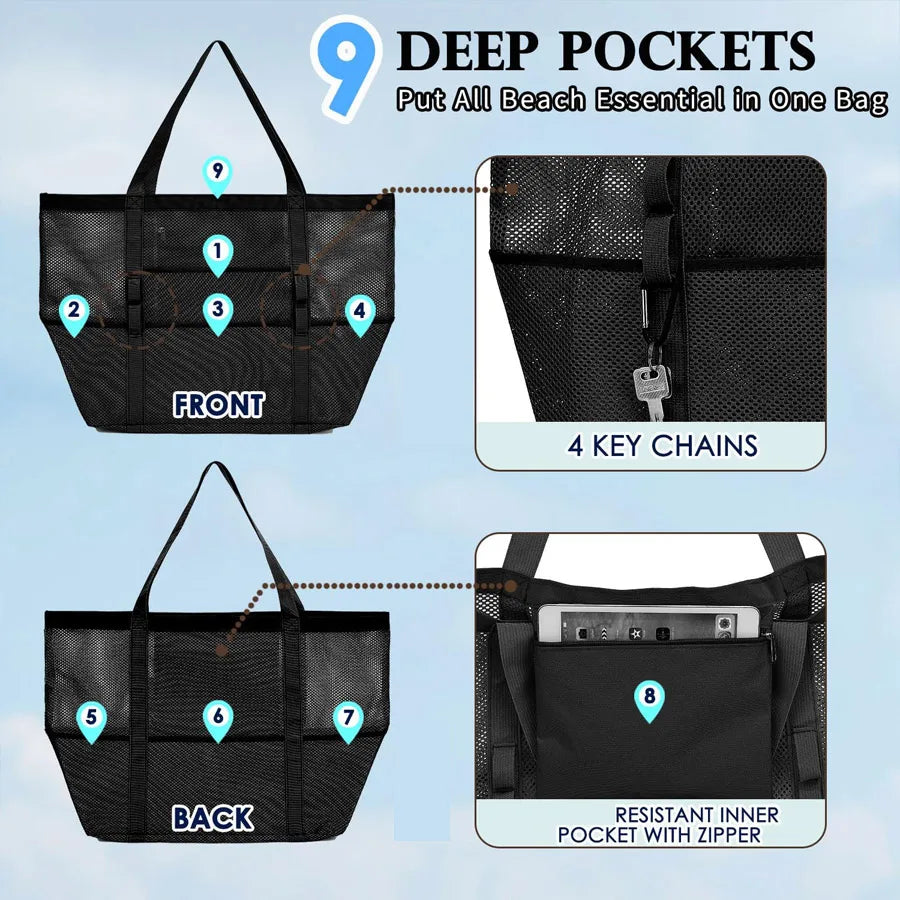 2-in-1 Large Mesh Beach Bag with Waterproof Zipper Pocket Mesh Tote Bag QXL