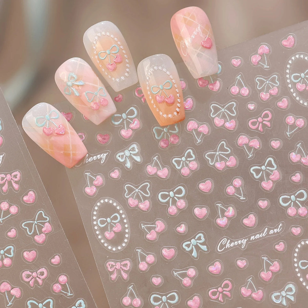 5D Bowknot Cherry Nail Art Stickers – Pearl Glitter Decals Nail Art Stickers QXL