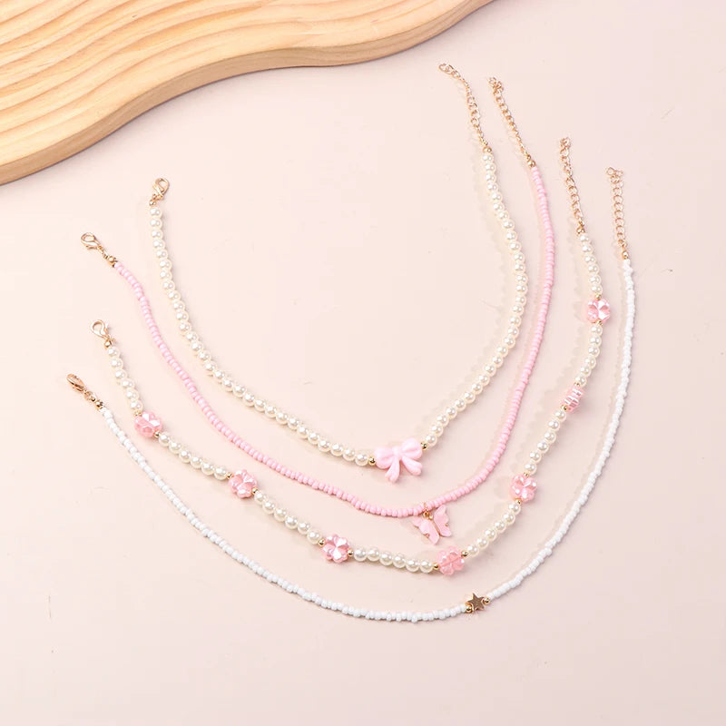 4-Pack Kids Butterfly & Pearl Beaded Necklace Set | Gift Kids Pendant Necklace QXL