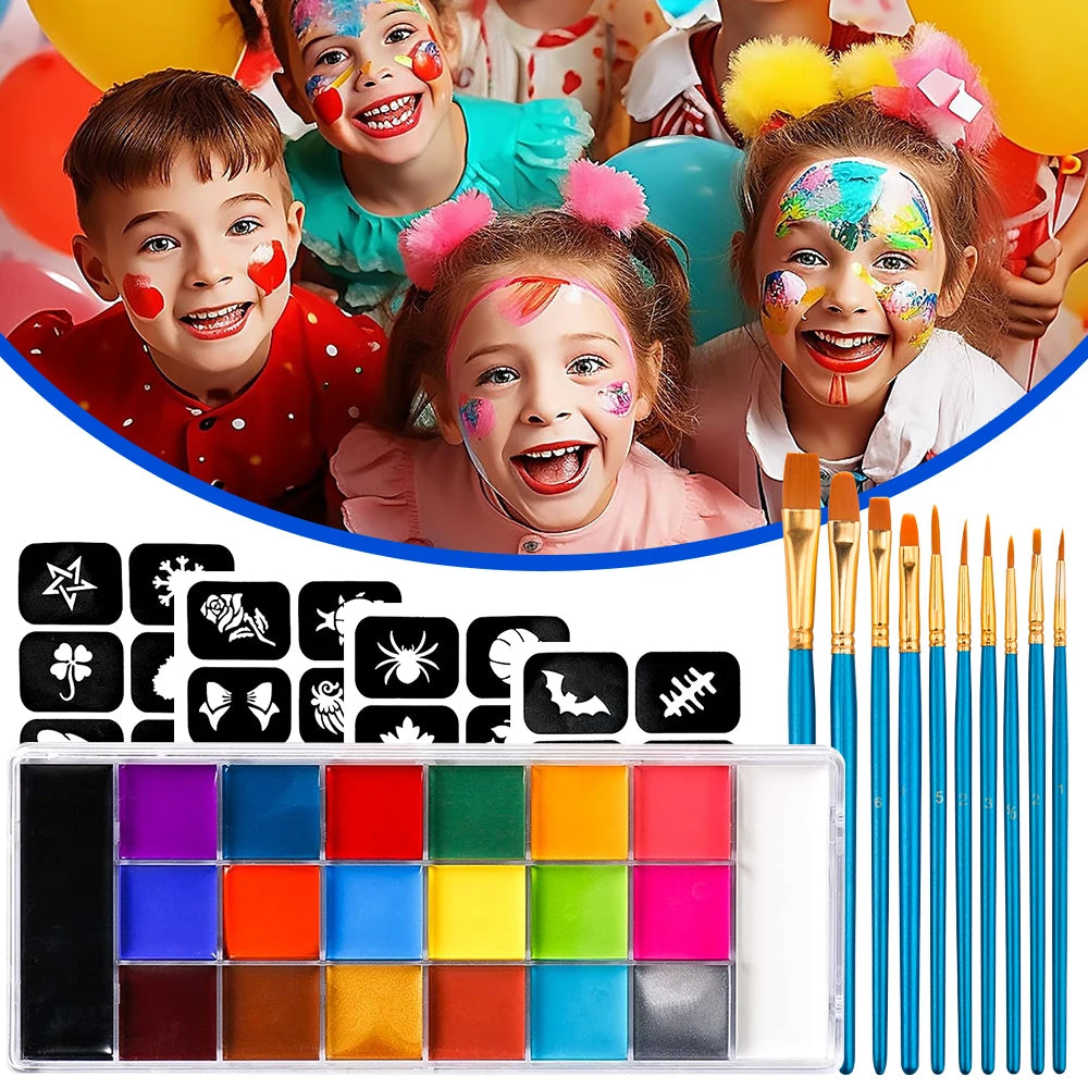 20-Color Face & Body Paint Kit | 10 Brushes + 4 Stencils Face & Body Paint Kit QXL