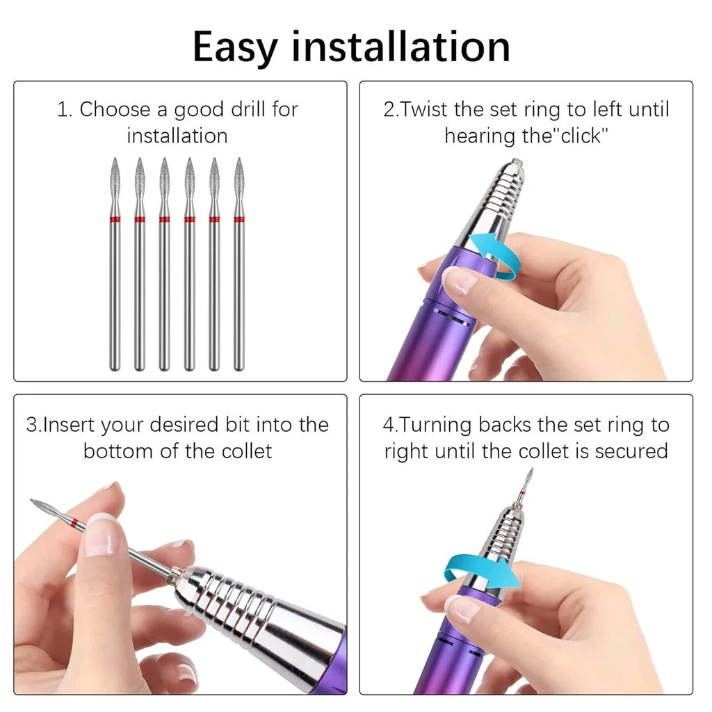 6-Piece Diamond Nail Drill Bit Set | 3/32" Cuticle Remover Nail Drill Bit Set QXL