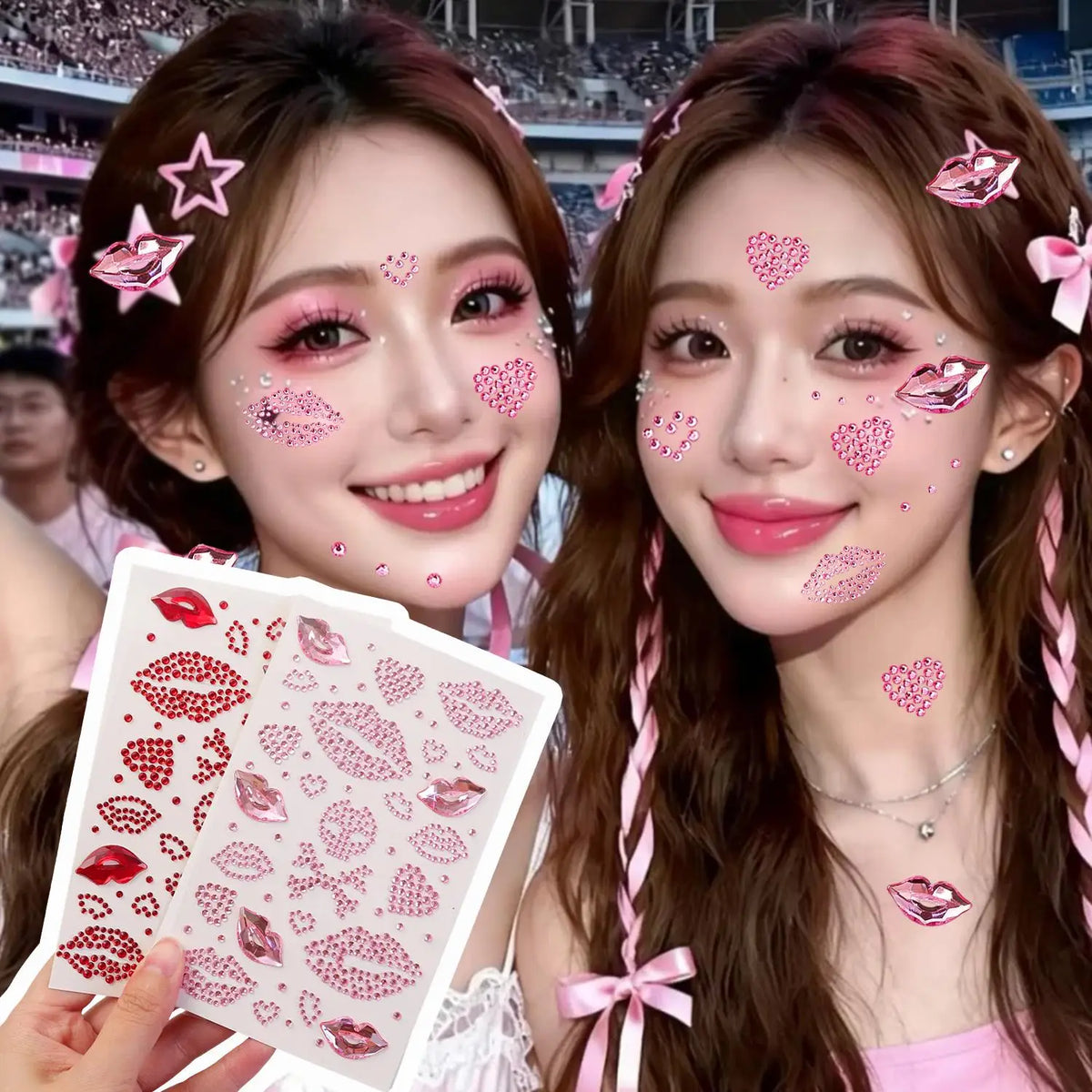 3D Red Lips Rhinestone Face Gems | Temporary Tattoo Stickers Face Gem Stickers QXL