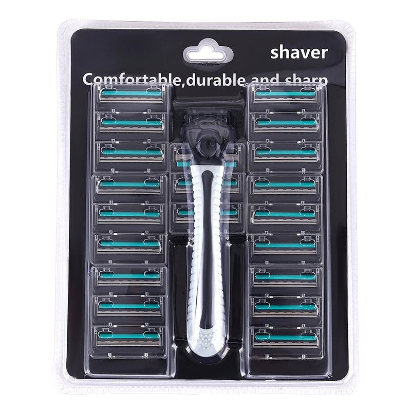 Men's Reusable 3-Blade Razor | 21 Replacement Heads Manual Shaving Razor QXL Green Set