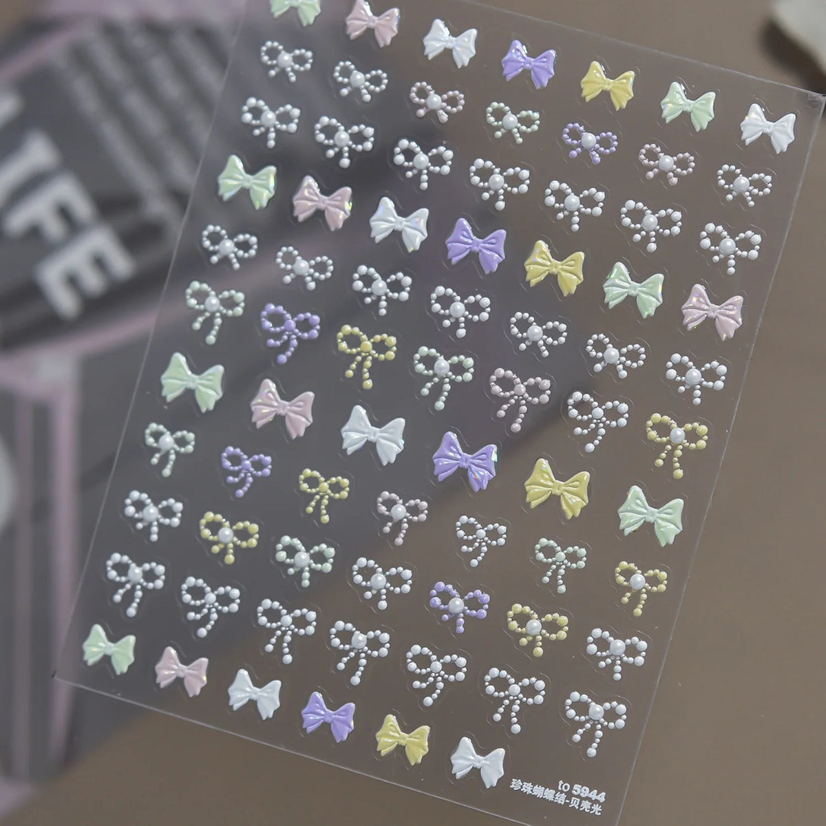 Macaron Bow 5D Nail Stickers | Pearl & Chain Decals