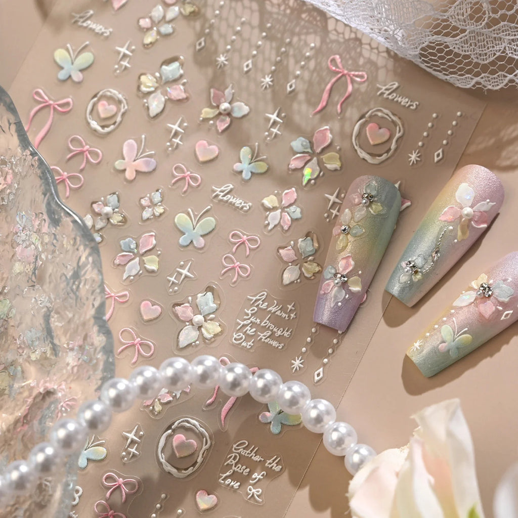 5D Butterfly Bow Nail Stickers | Y2K Lolita Pearl Decals Nail Art Stickers QXL