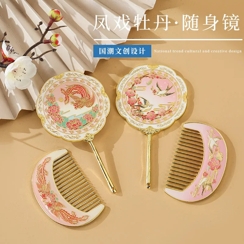 Chinese Style Metal Mirror & Comb Set | Phoenix Peony Design Handheld Mirror Set QXL